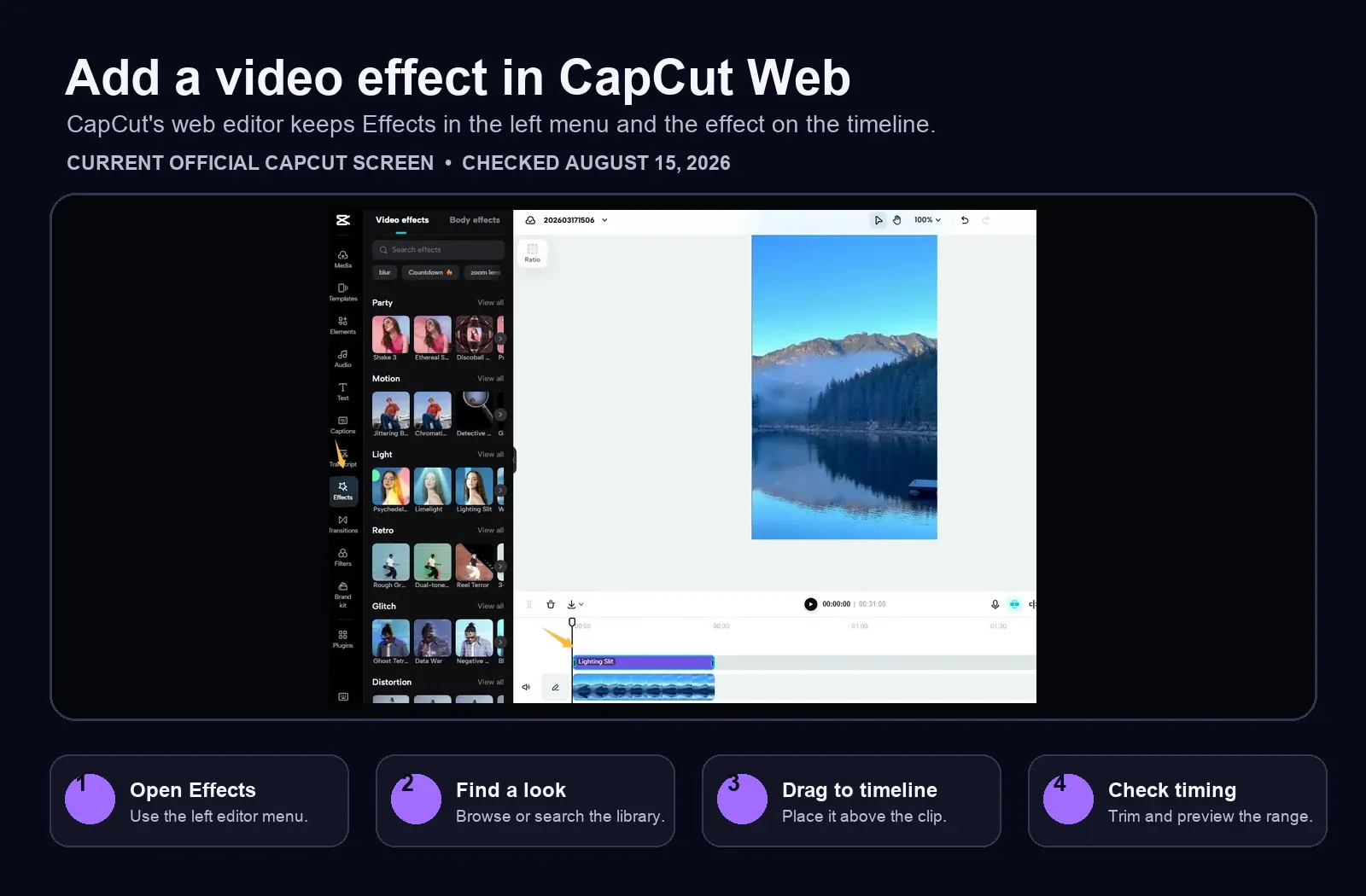 Current CapCut Web Effects menu with a video effect on the timeline above the source clip