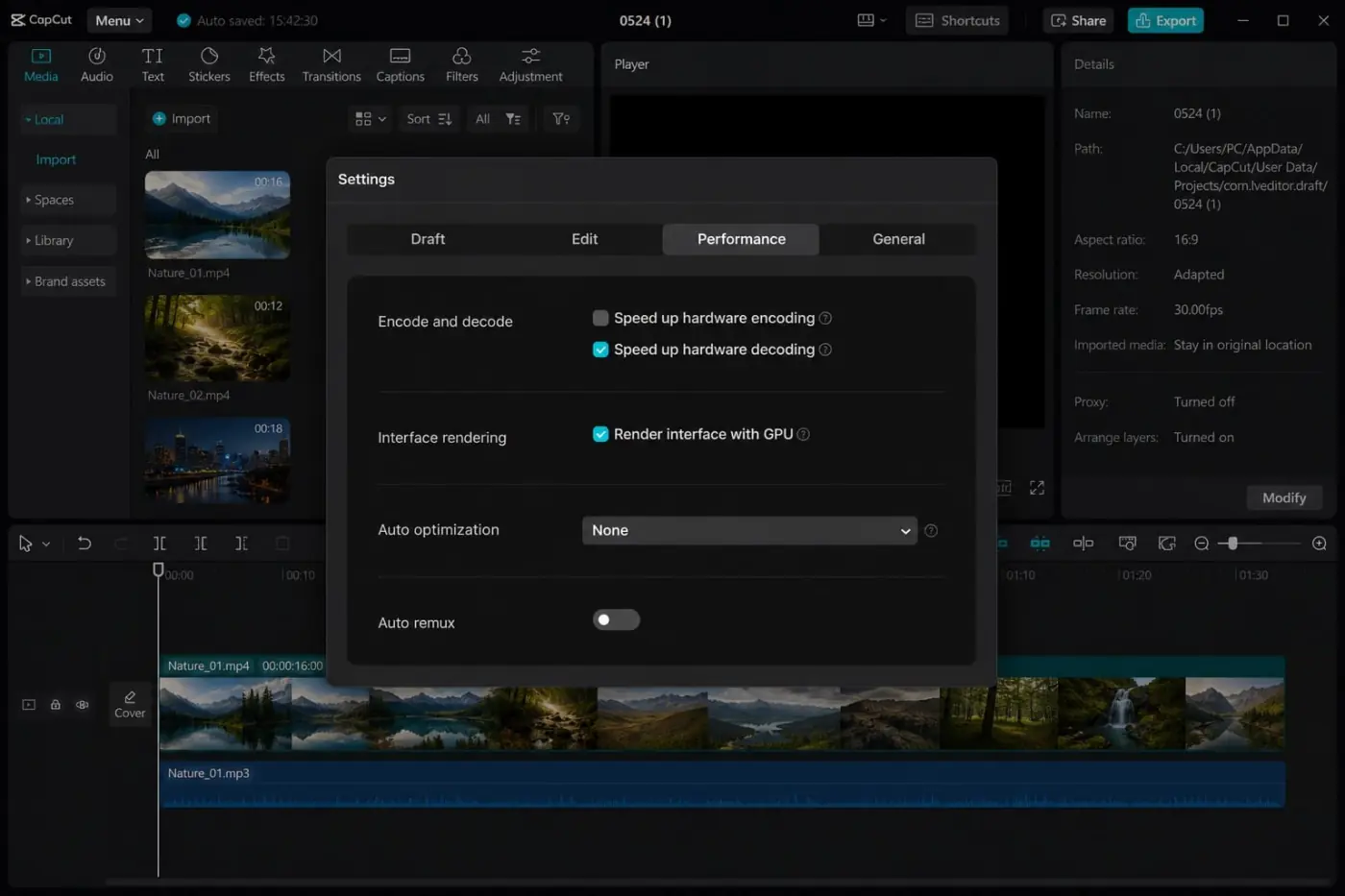 CapCut Performance settings separating hardware encoding, decoding and GPU interface rendering