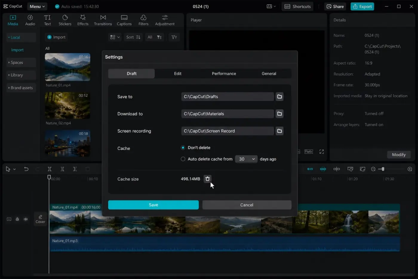 CapCut desktop Draft settings with the render cache delete control