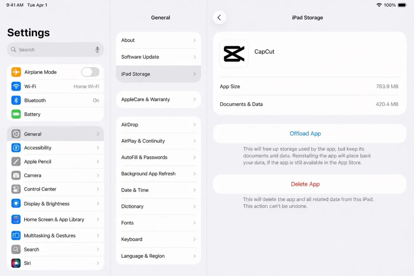 iPhone and iPad Storage screen with Offload App and Delete App for CapCut