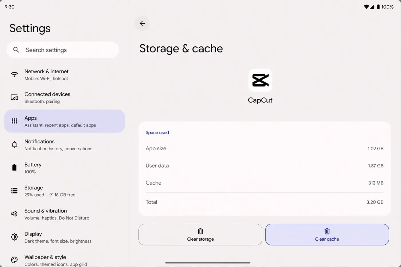 Android CapCut Storage and cache screen separating Clear storage from Clear cache