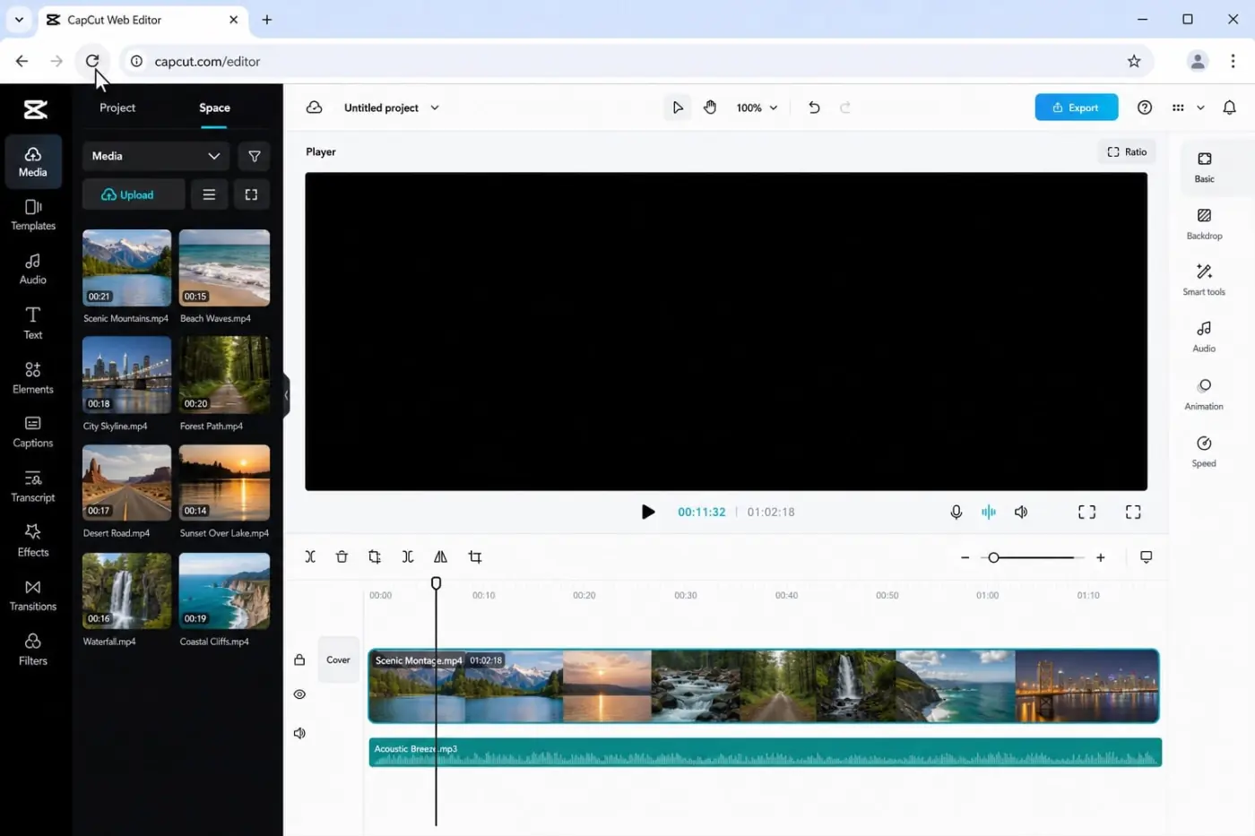 CapCut Web editor with a black preview and the browser reload control
