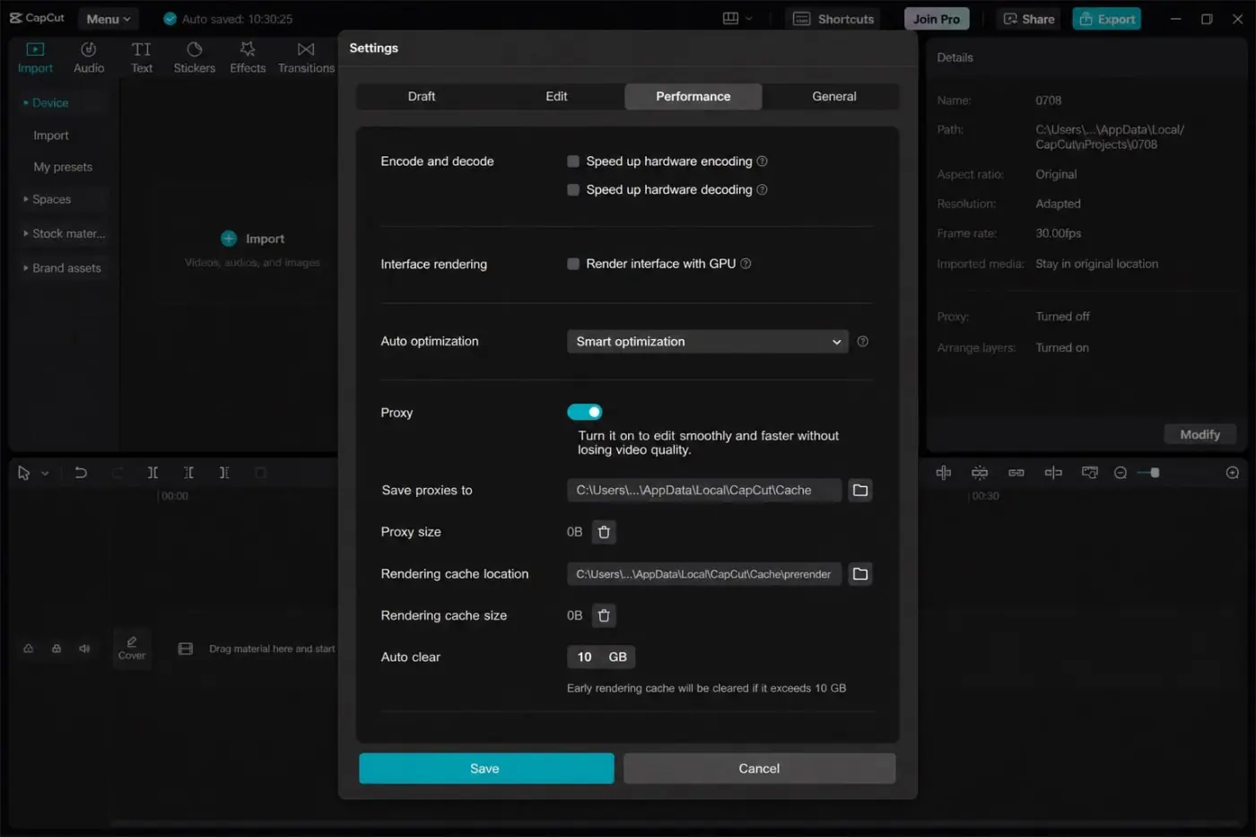 CapCut Windows Performance settings for hardware encoding, decoding and proxy
