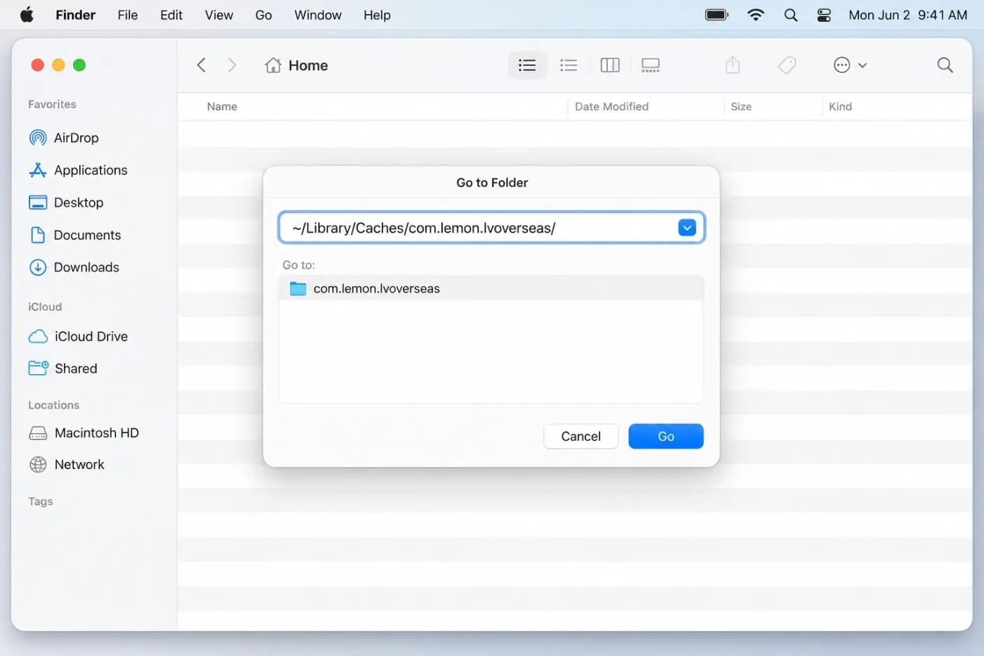 macOS Finder Go to Folder path for the CapCut cache directory