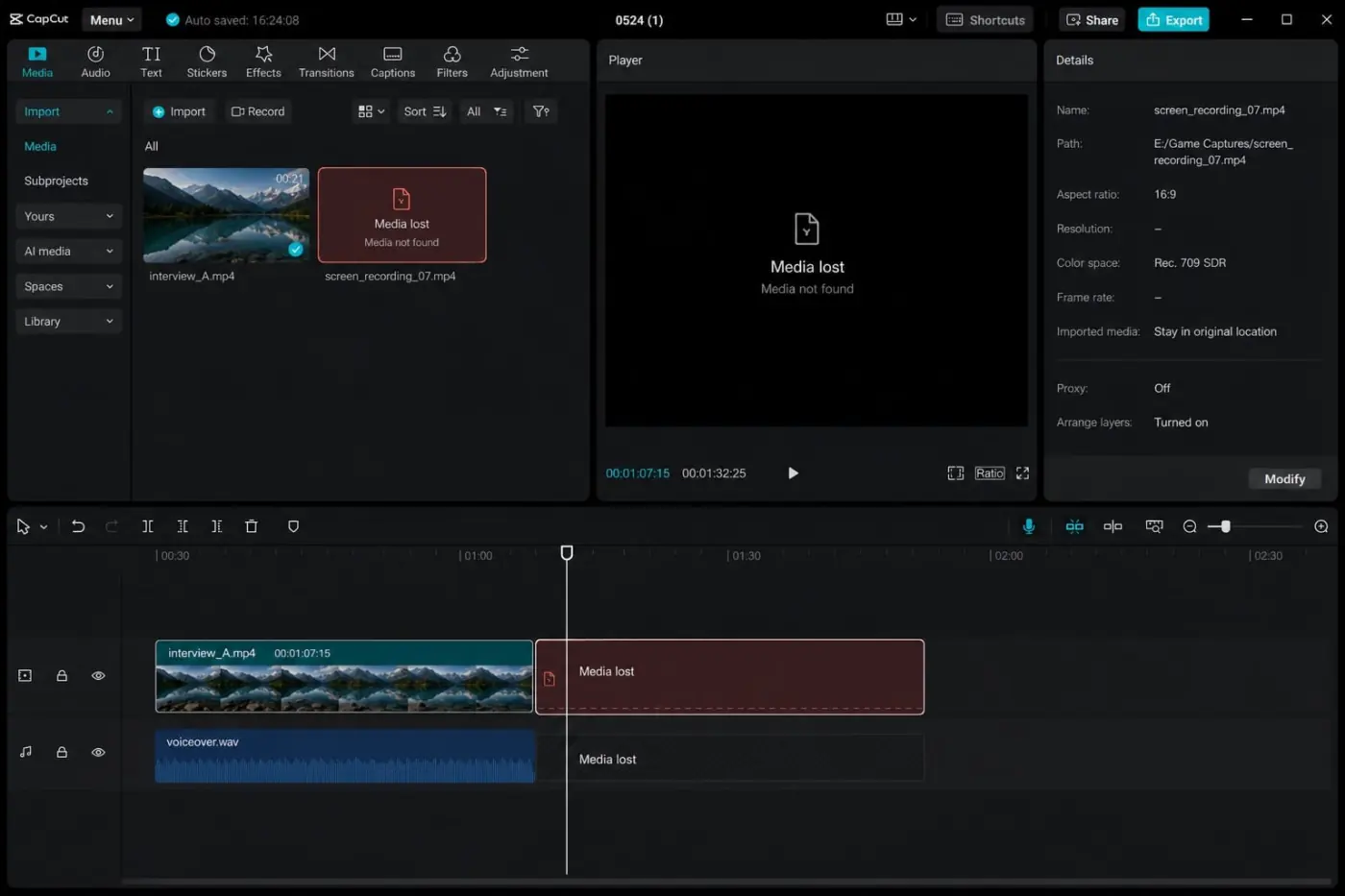 CapCut Media lost warning for a missing source file in the project timeline