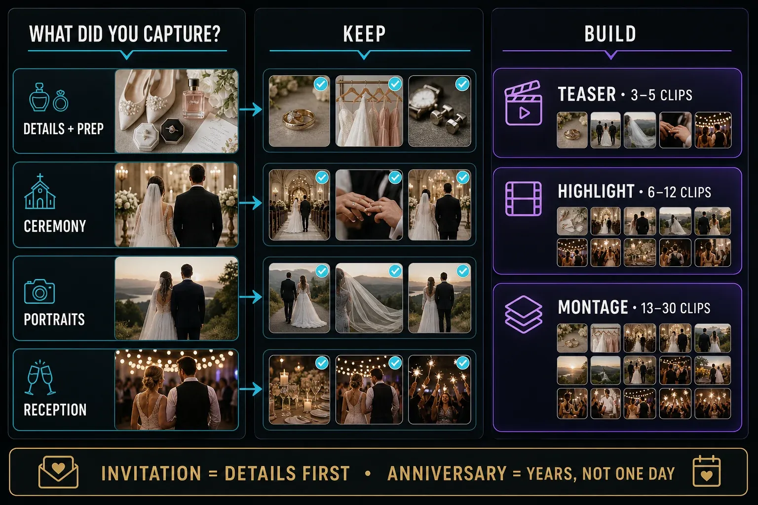 Wedding footage decision board matching details, ceremony, portraits and reception clips to a teaser, highlight or montage
