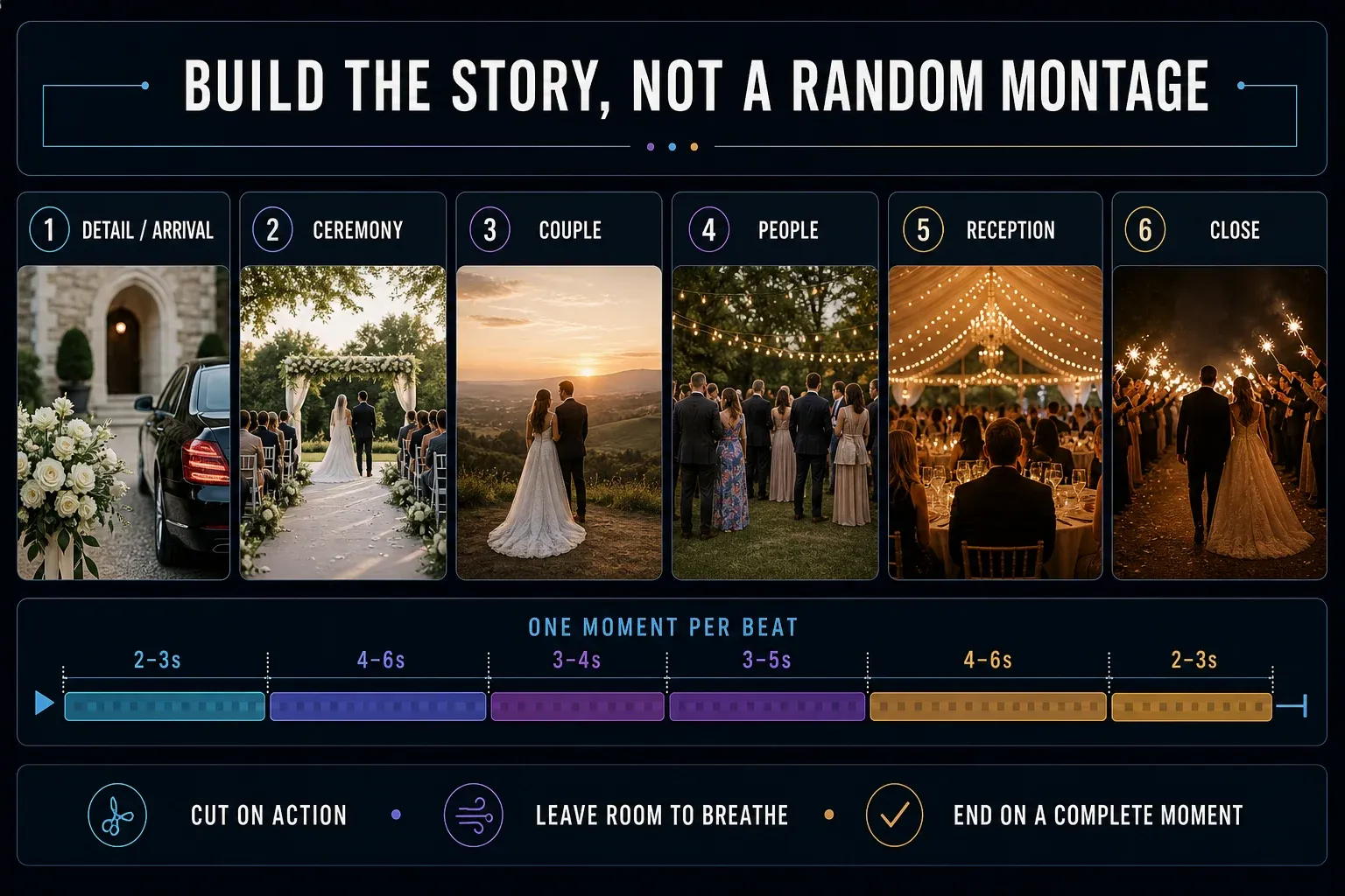 Six-step wedding highlight storyboard from arrival and ceremony to couple, guests, reception and closing moment