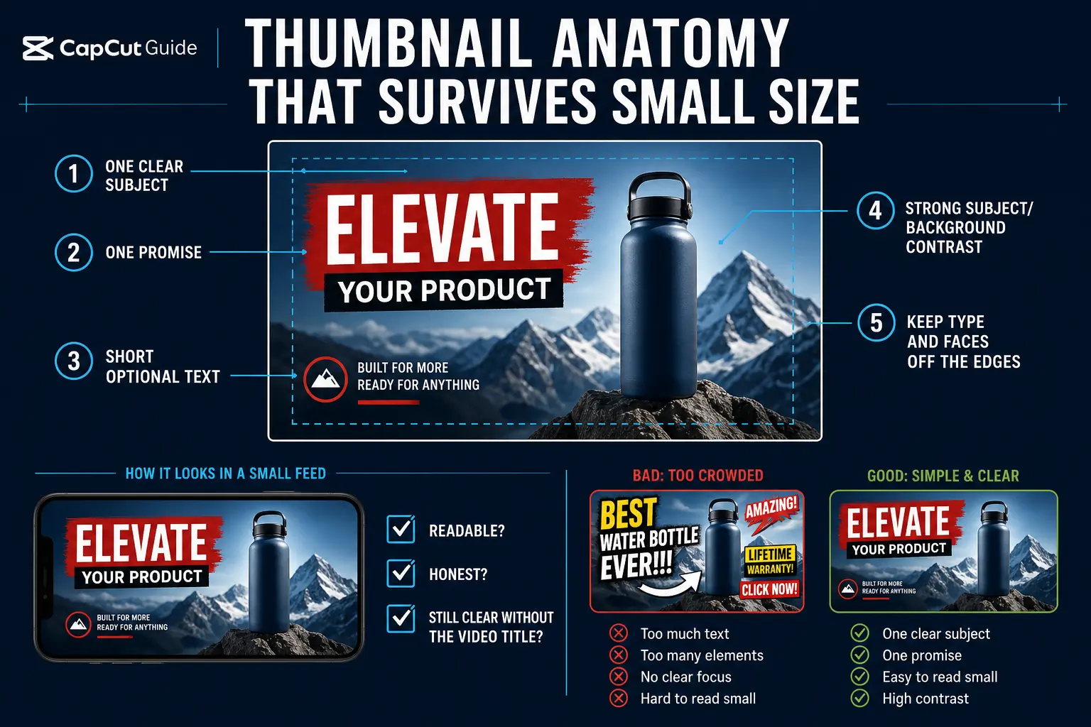 YouTube thumbnail anatomy with one subject, one promise, short text, contrast, edge margins and a phone-size preview