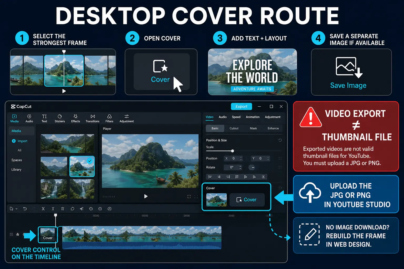 CapCut Desktop Cover route for selecting a video frame, editing the layout and saving a separate YouTube thumbnail image
