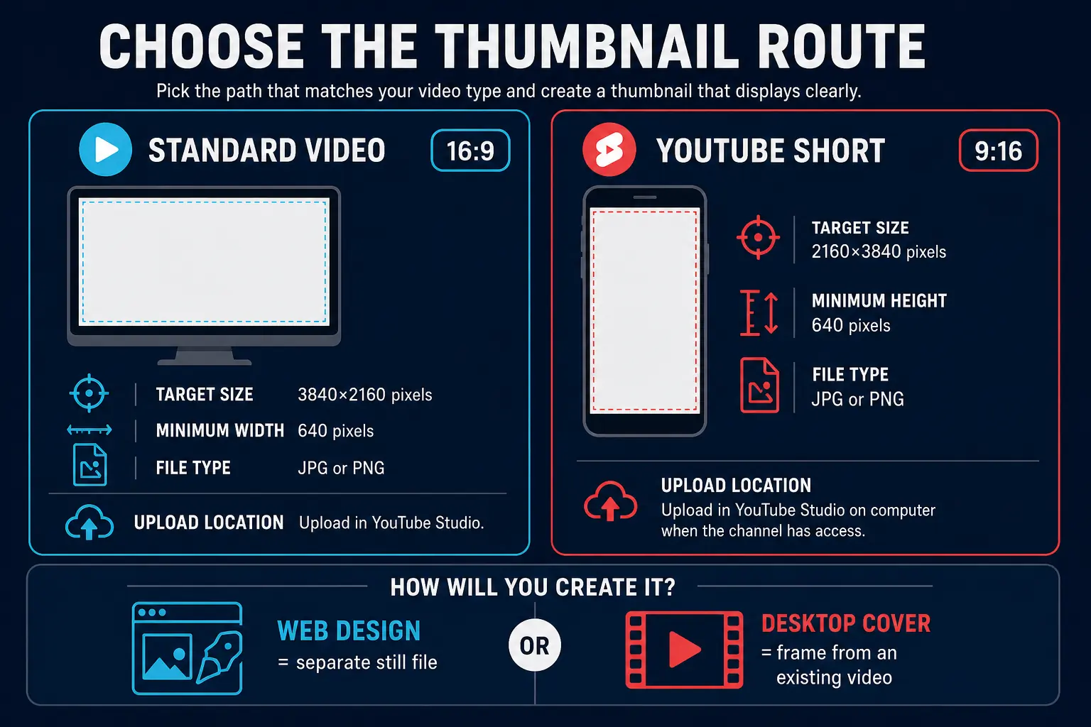 YouTube thumbnail route map for regular 16:9 videos, vertical Shorts, CapCut Web and Desktop Cover