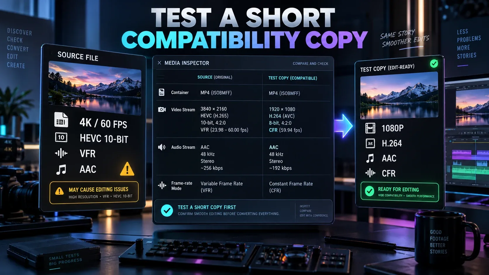 Media inspection for 4K 60 fps variable-frame-rate footage and a short H.264 AAC CFR test copy