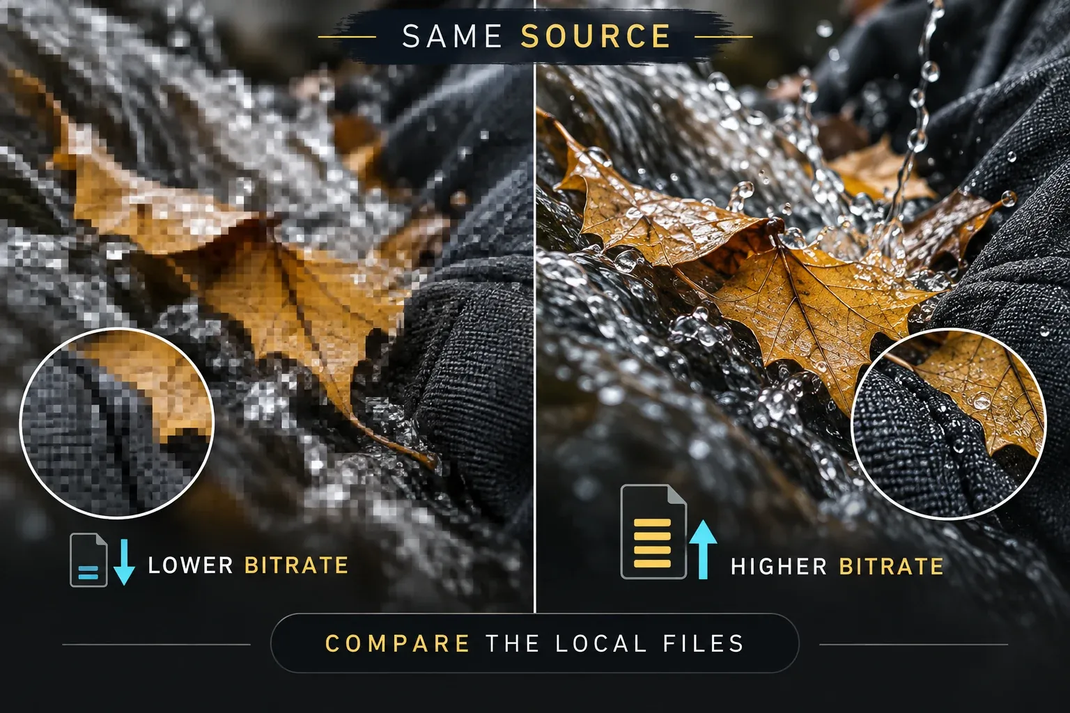 Bitrate comparison showing compression blocks and retained detail in leaves, water and fabric