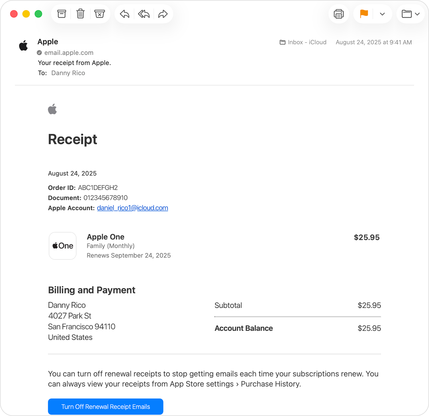 Apple receipt identifying the Apple Account associated with a subscription purchase
