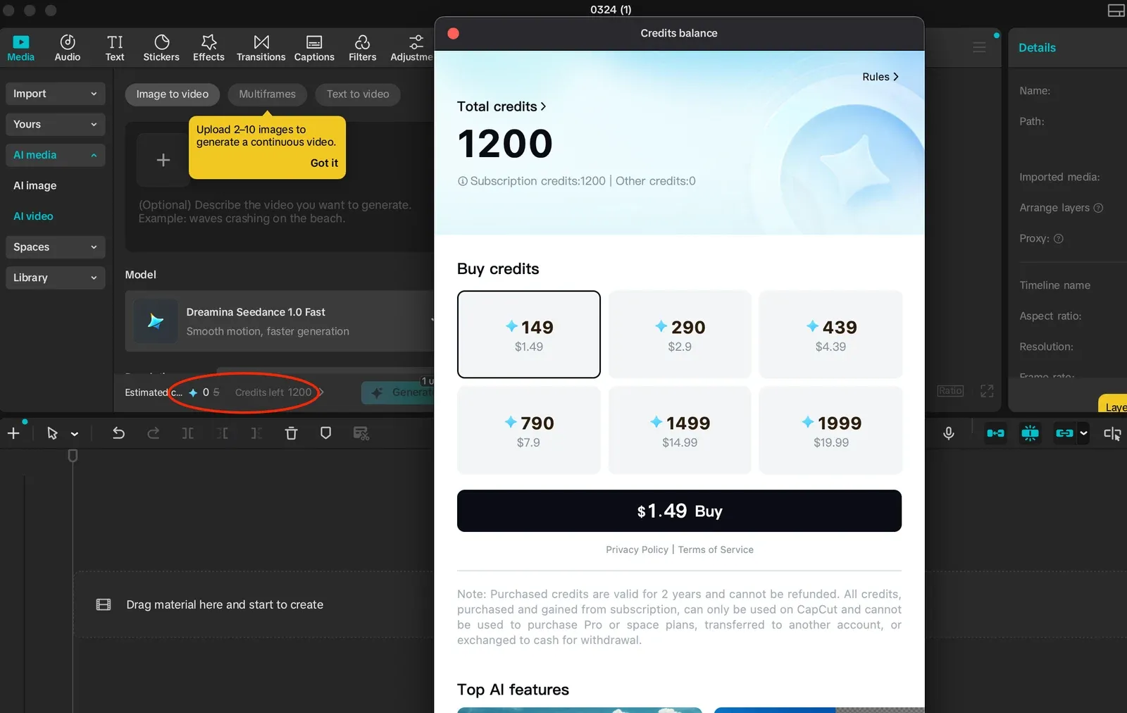 CapCut Desktop AI workspace with the Credits balance control marked at the top