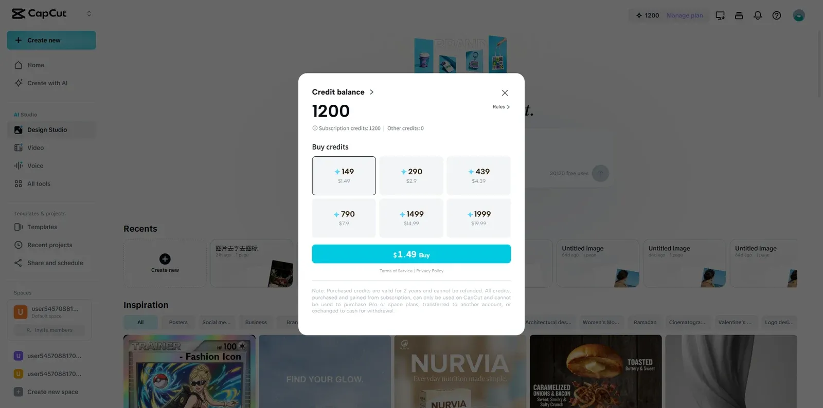 CapCut Web Design Studio with the Credits control marked in the upper-right corner