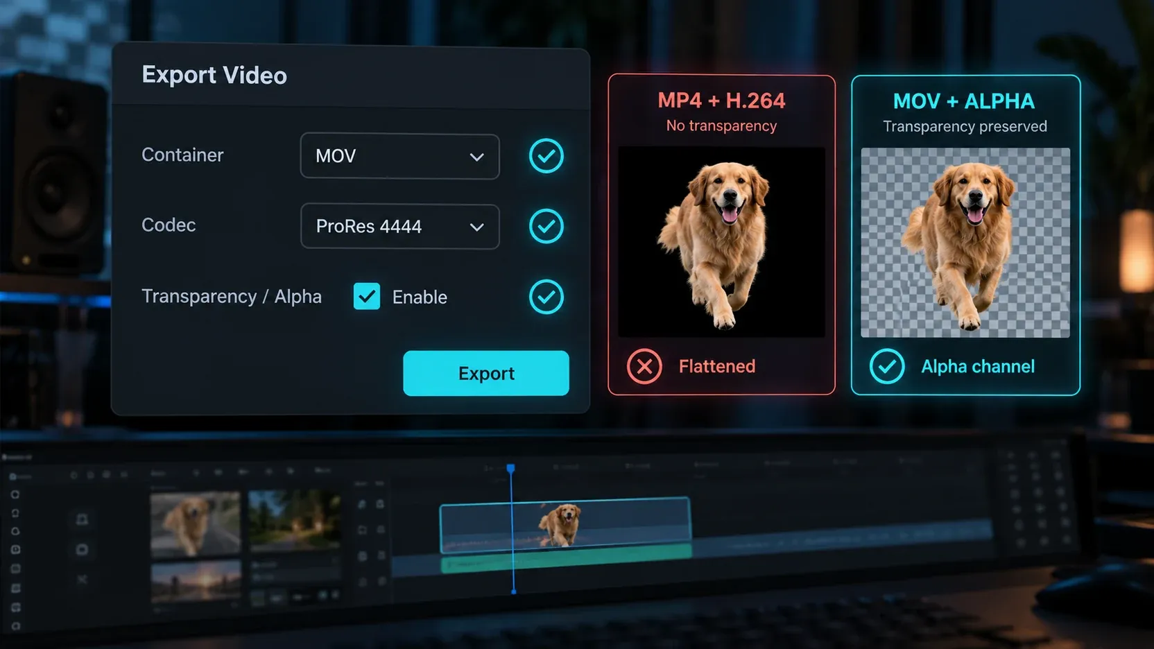 CapCut export decision showing container codec and transparency as separate checks