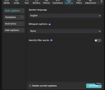 CapCut Desktop Auto captions panel with spoken language, bilingual captions, filler-word and delete-current-captions controls