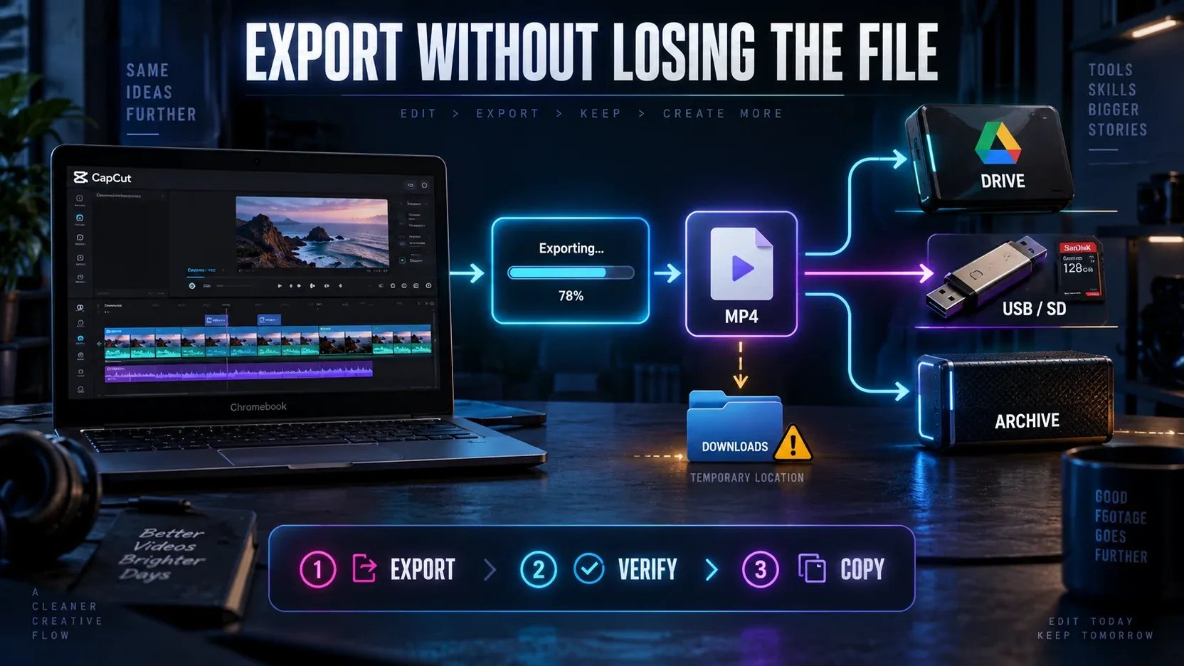 CapCut export path from a Chromebook timeline to Downloads Drive or external storage