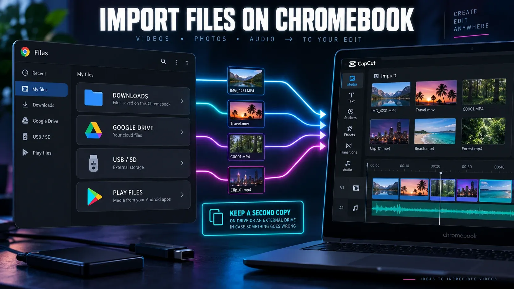 ChromeOS file locations for importing video into CapCut Web or the Android app
