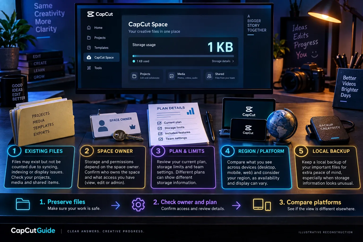 Illustrative reconstruction of a 1 KB Space display and a five-part file-safety checklist