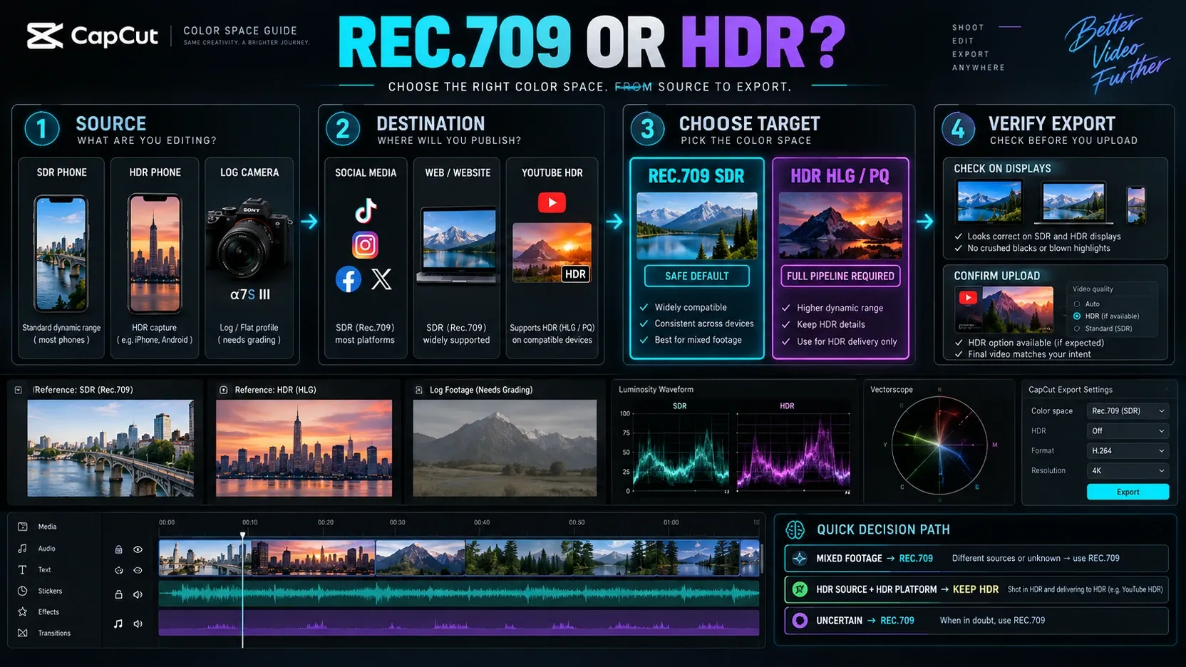 Rec.709 and HDR decision paths for a CapCut video project