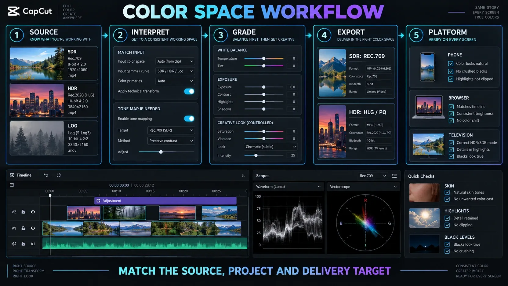 Source, project and export color-space alignment in CapCut