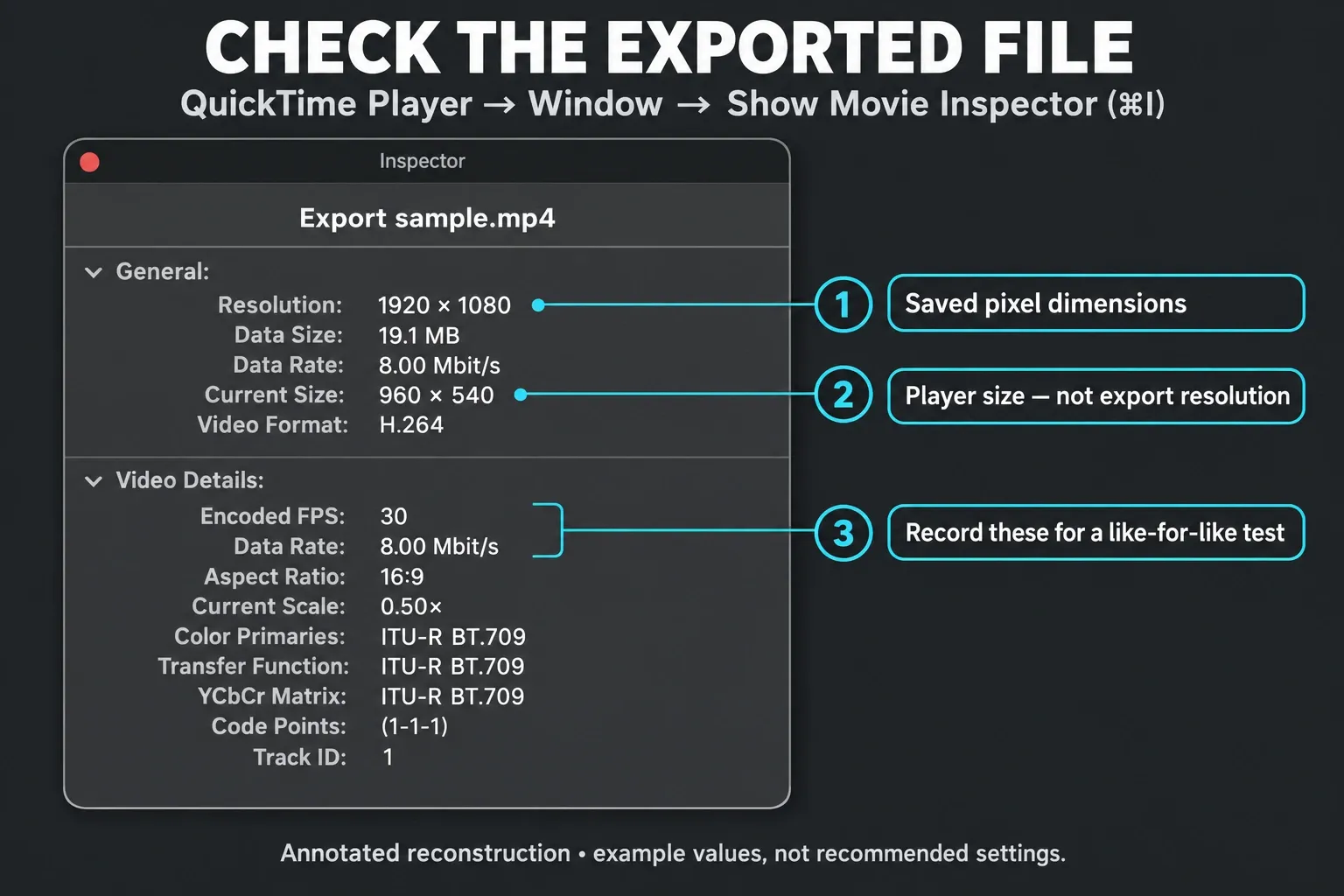 QuickTime Movie Inspector separating saved video resolution from player size and highlighting frame rate