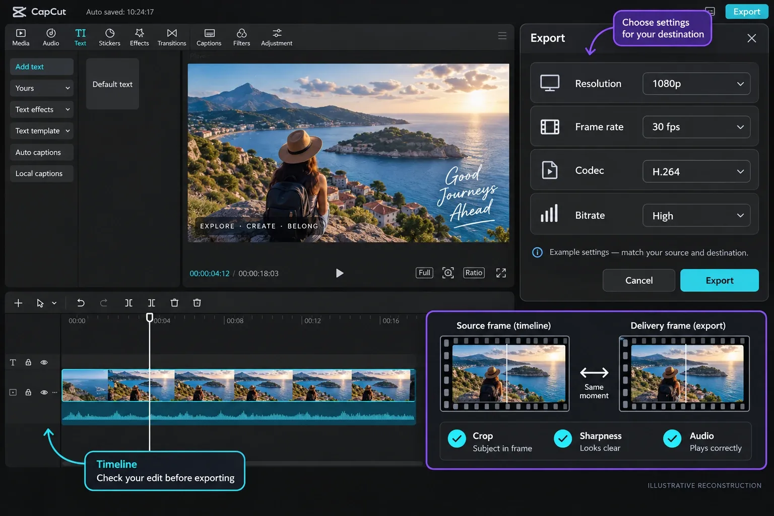 Illustrative reconstruction of export settings and a source-frame versus delivery-frame review