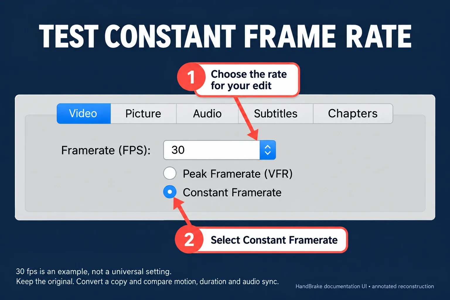 HandBrake Video tab with a chosen frame rate and Constant Framerate selected for a source-copy test