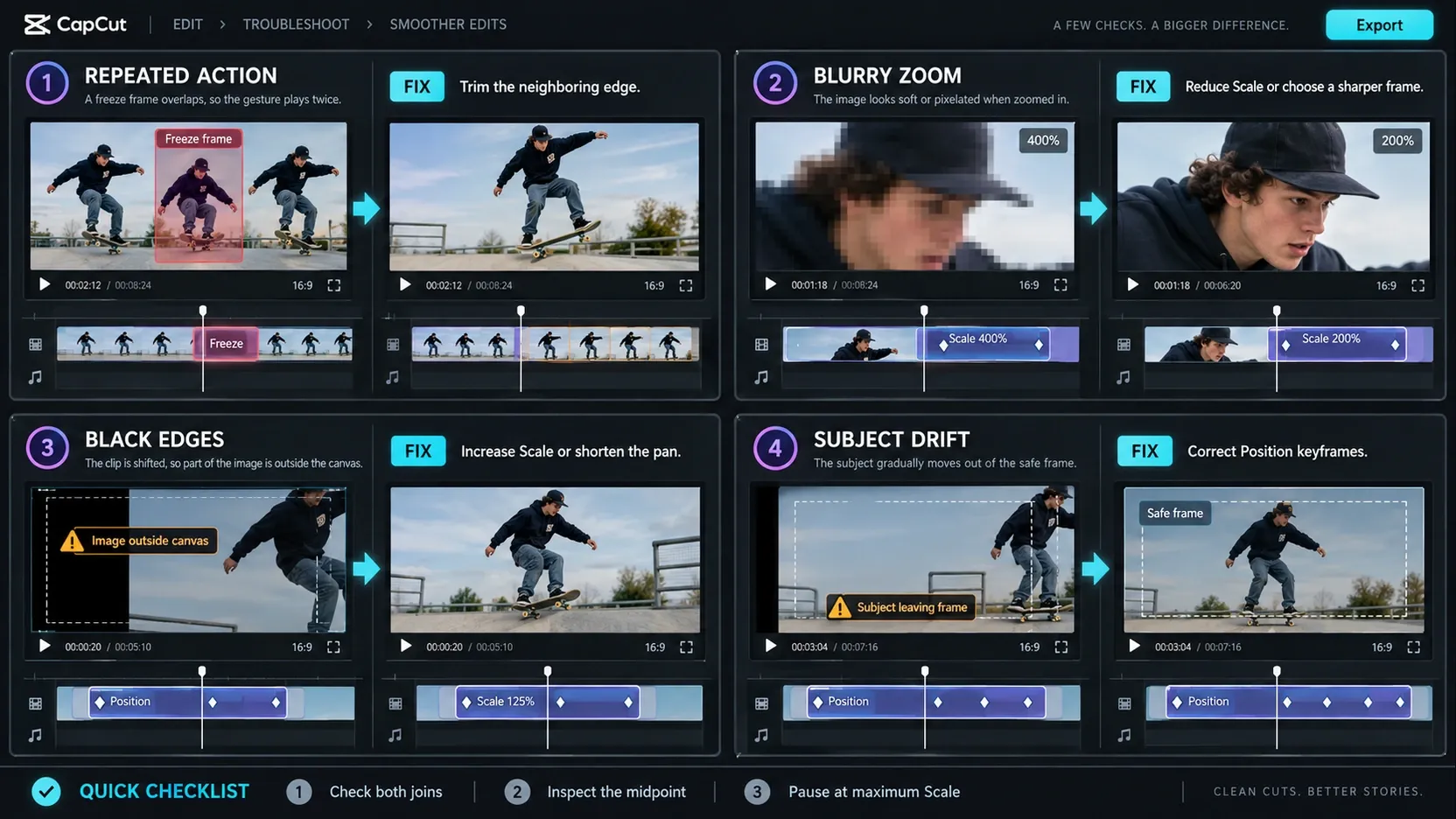 CapCut freeze frame troubleshooting for repeated action, blur, black edges and subject drift