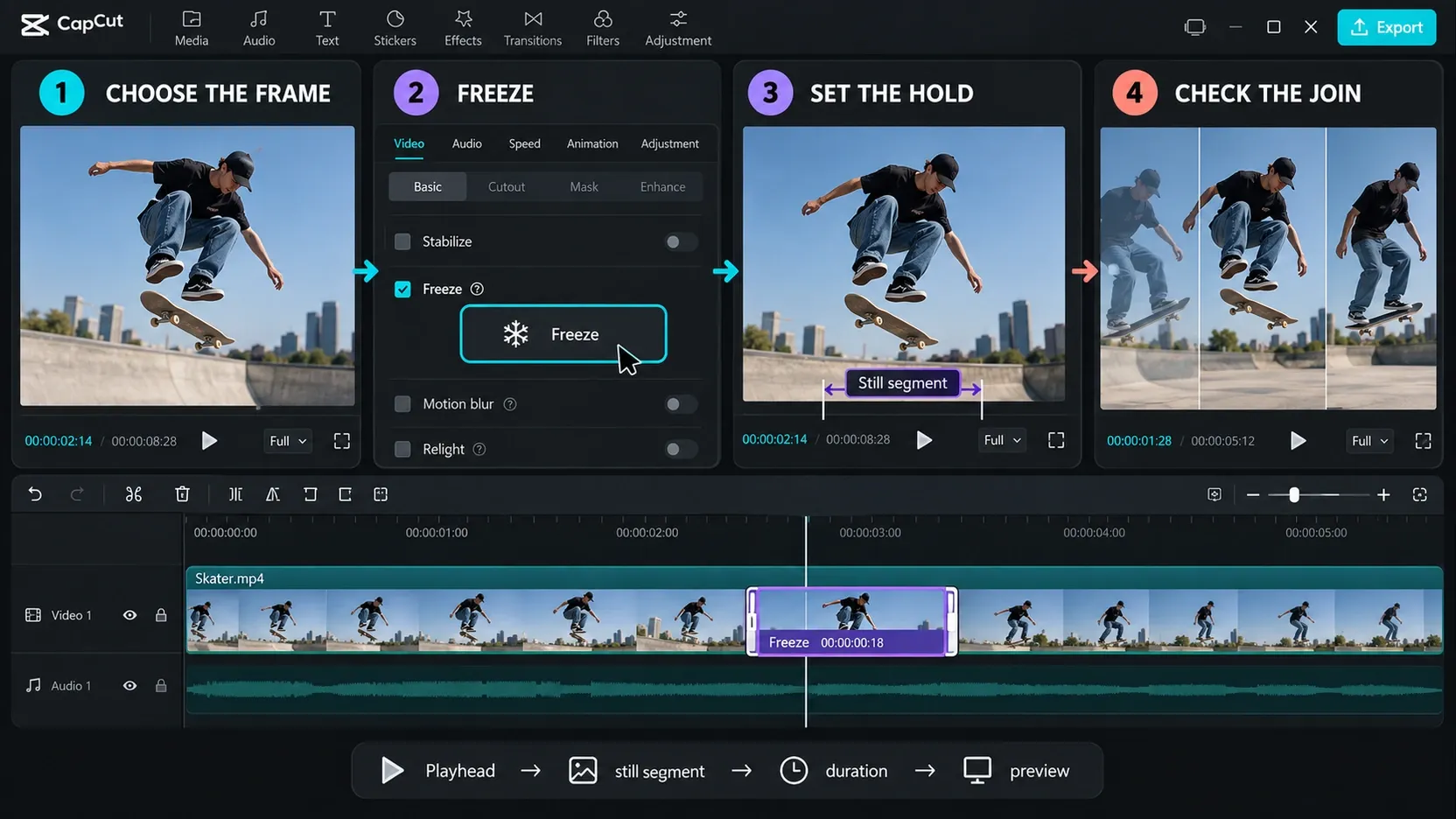 CapCut freeze frame workflow from playhead selection to a timed hold