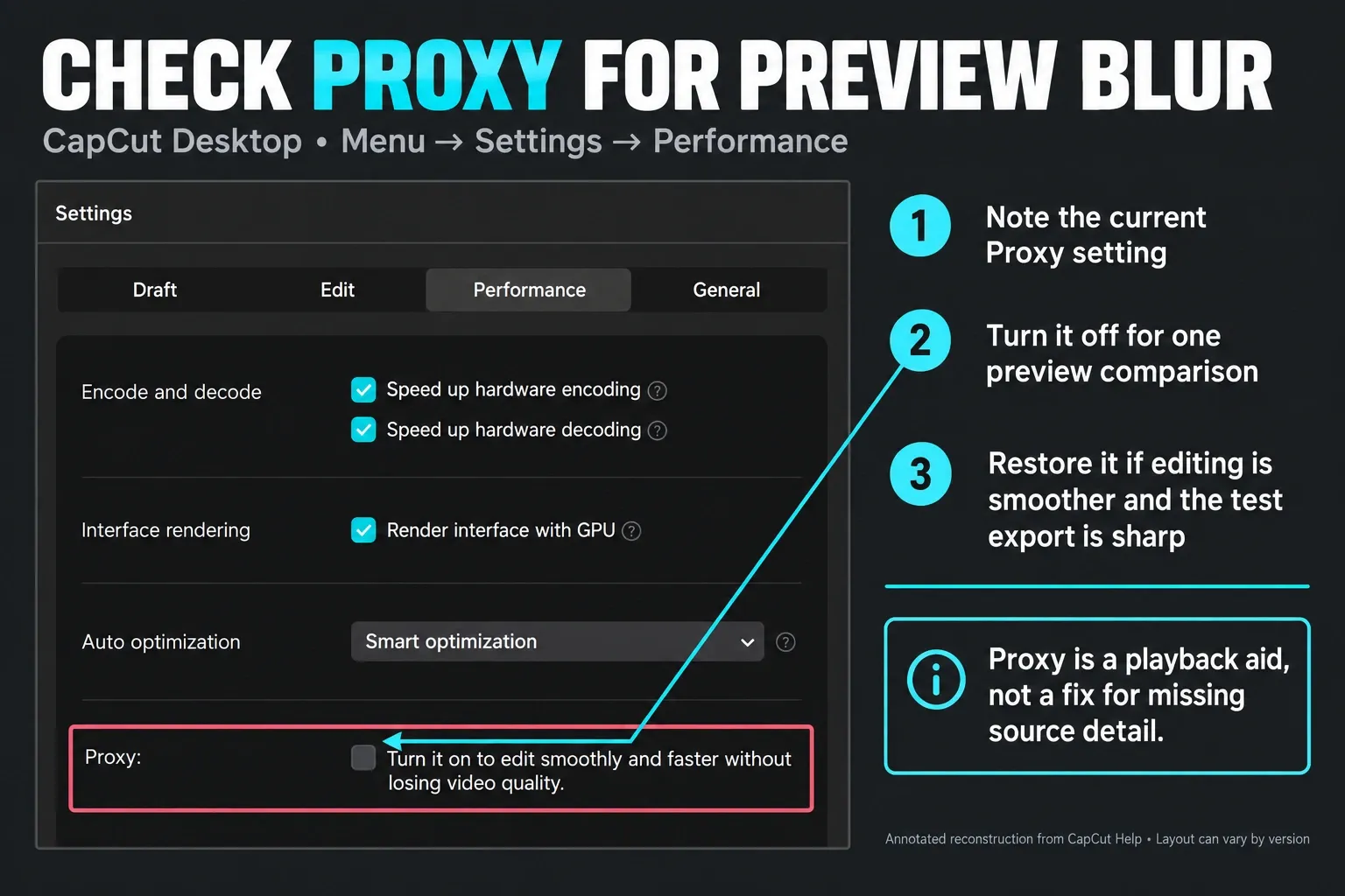 CapCut Performance settings with the Proxy checkbox highlighted for a reversible preview comparison