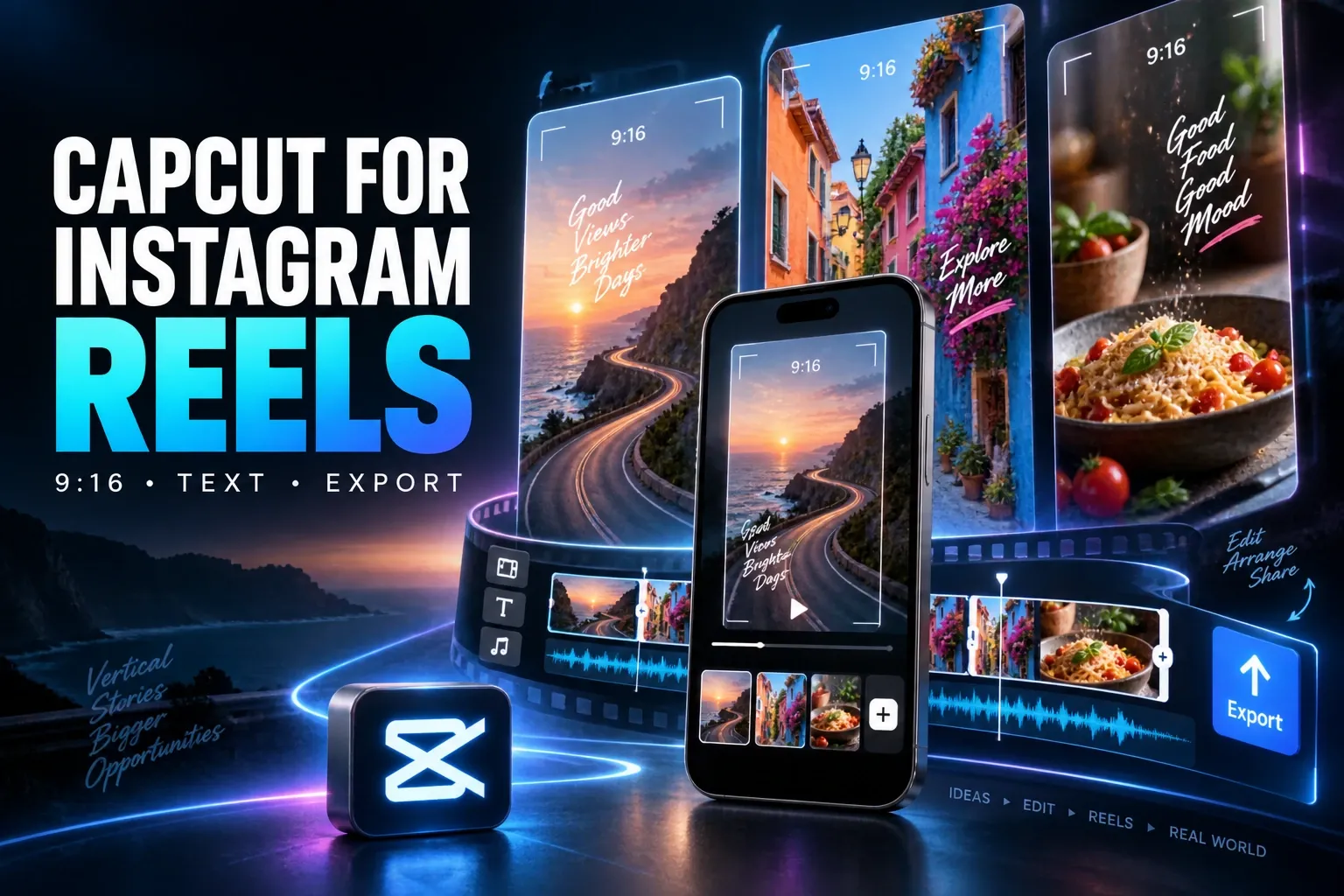 CapCut for Instagram Reels guide with vertical video examples, a 9:16 editing timeline and export controls