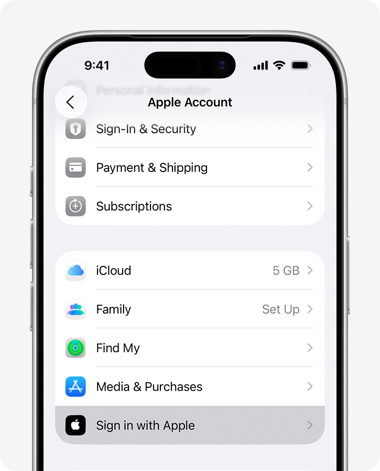 Apple Account Settings with the Sign in with Apple row selected