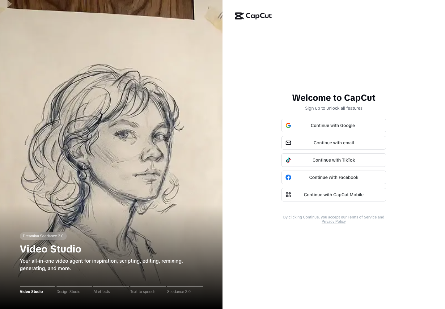 CapCut Web login with Google, email, TikTok, Facebook and CapCut Mobile options