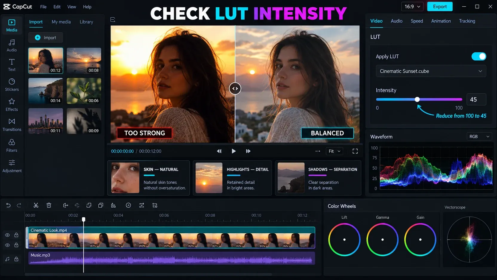 CapCut LUT intensity check with skin tones, highlights and shadows in split view