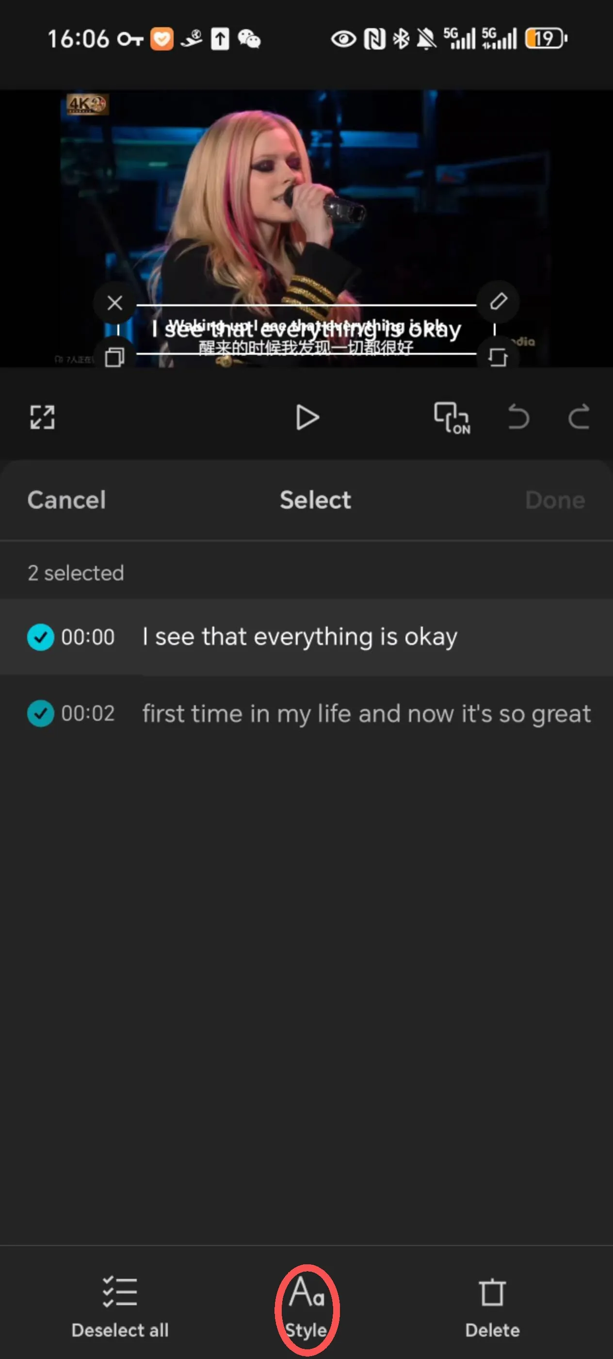 Two selected CapCut Mobile caption lines with the Style control marked
