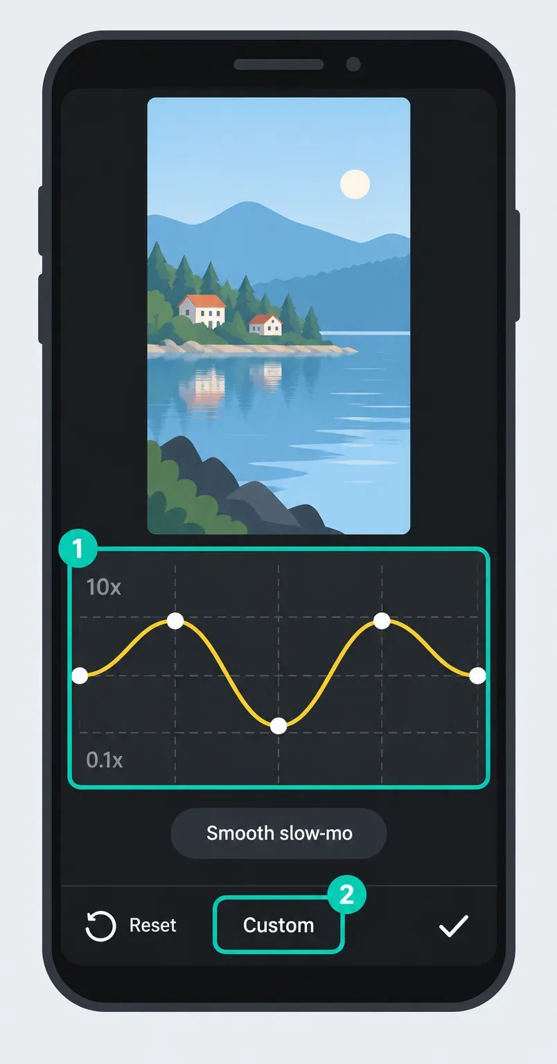 Illustration of the CapCut Mobile Custom speed curve with raised and lowered control points, Smooth slow-mo and Reset
