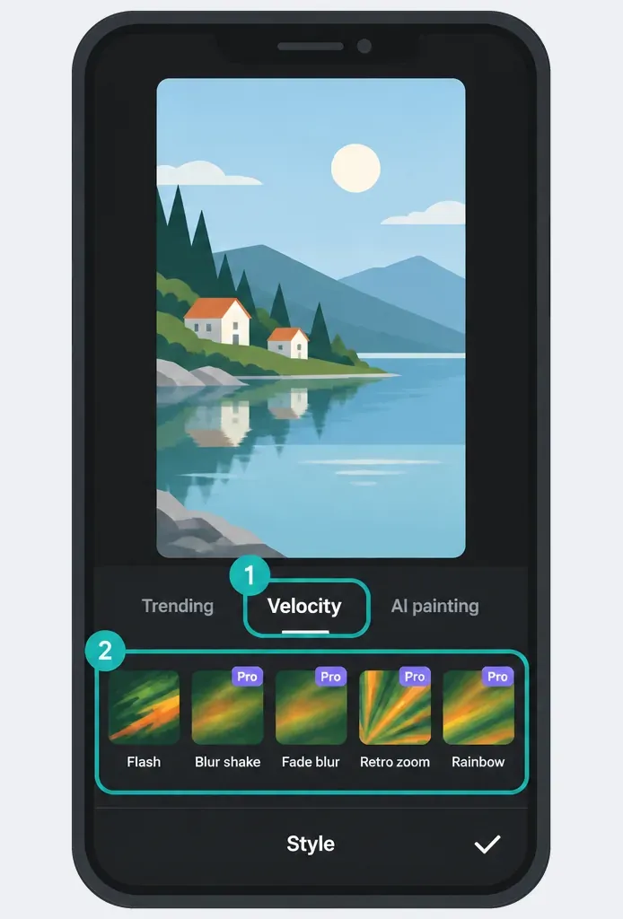 Illustration of CapCut Mobile Velocity styles under the Style menu, with Pro badges on four of the five styles