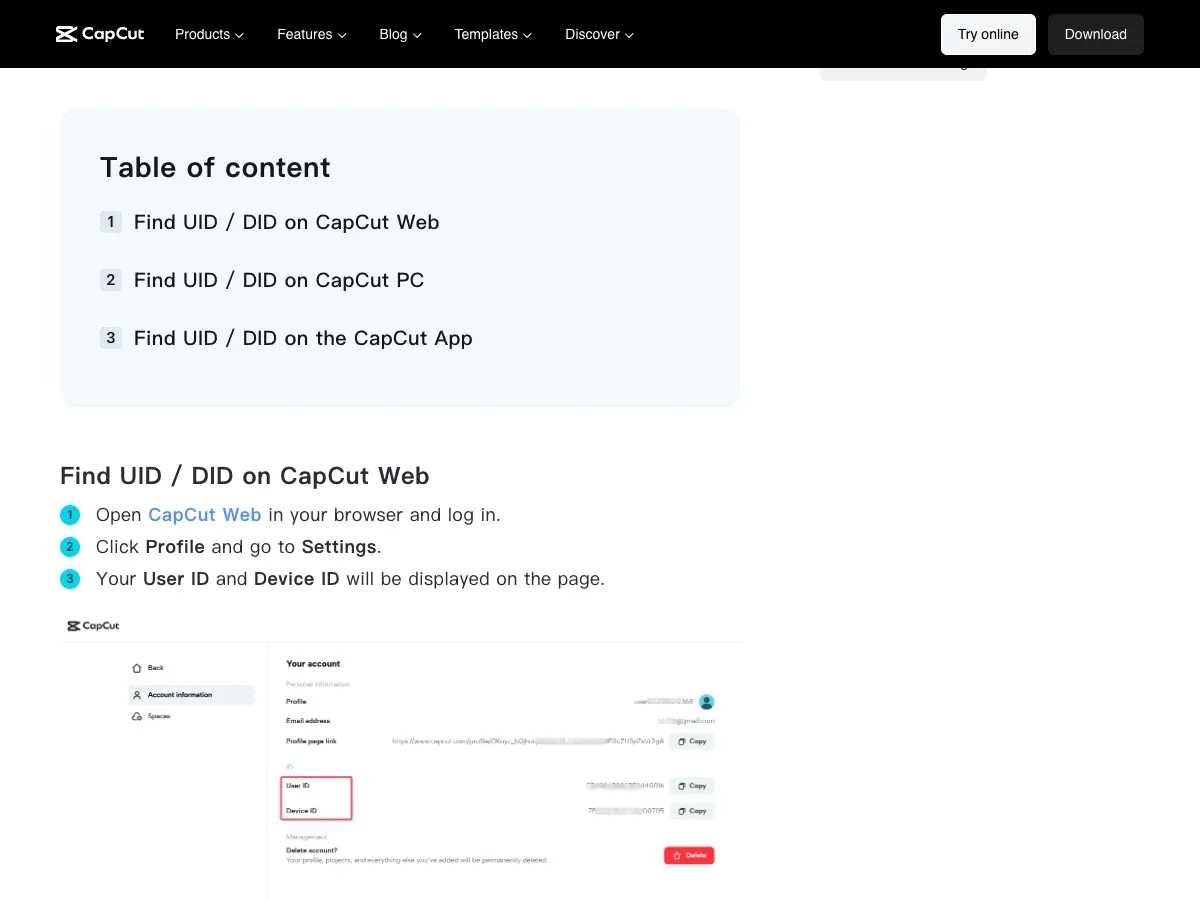 CapCut Help directions for finding the Web User ID and Desktop CapCut ID