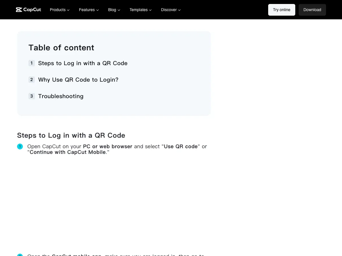 CapCut Help steps placing the login QR code on computer and scanner in the mobile app
