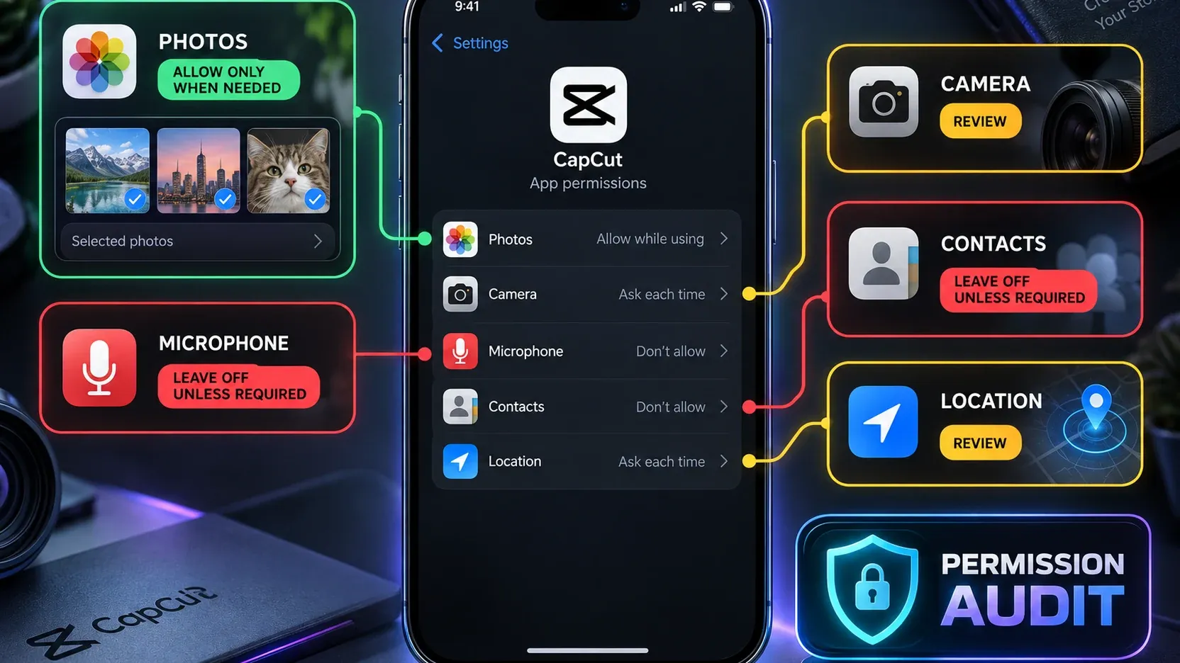 Phone permission audit for CapCut photos, camera, microphone, contacts and location