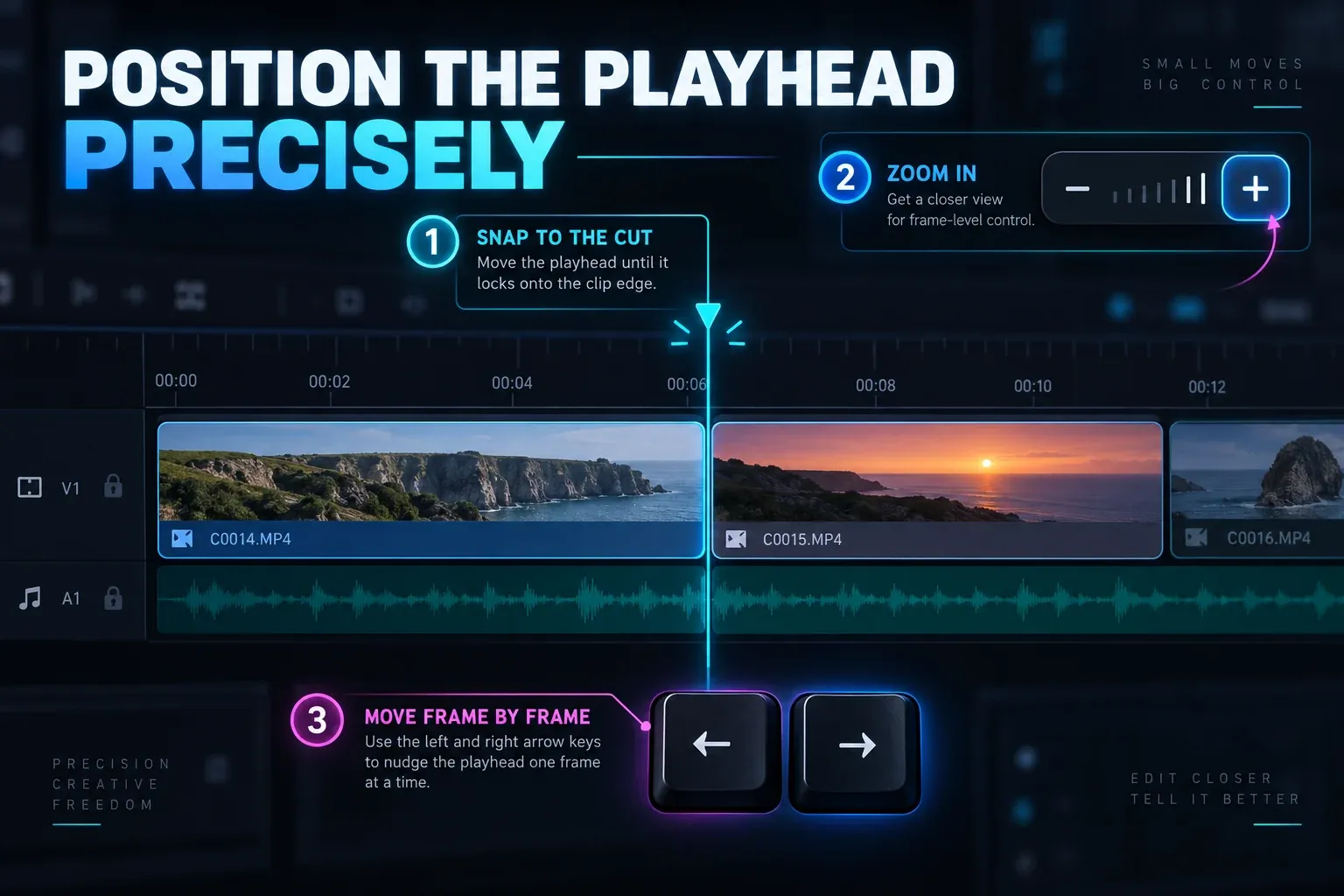 CapCut timeline zoom and frame controls for precise playhead positioning
