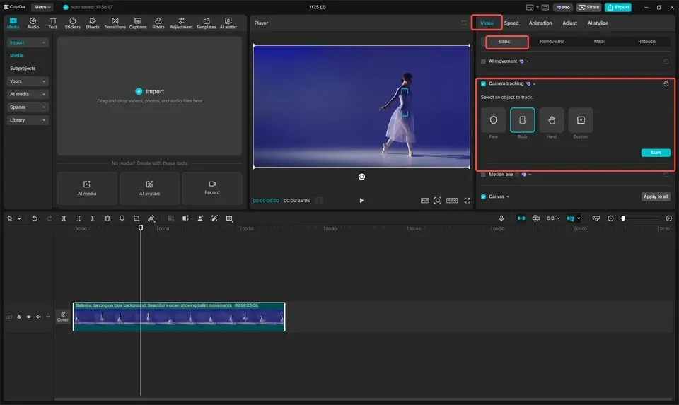 CapCut Desktop camera tracking controls for a selected subject