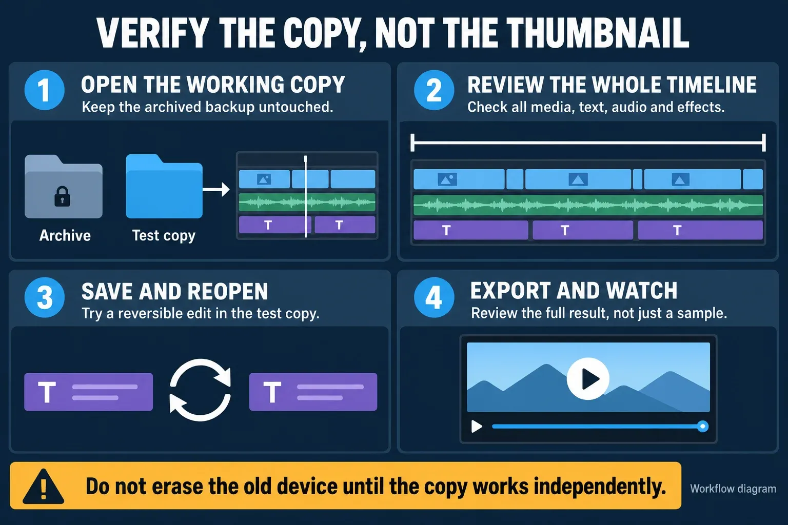 Four backup checks: open a test copy, review its whole timeline, save and reopen, then watch a full export