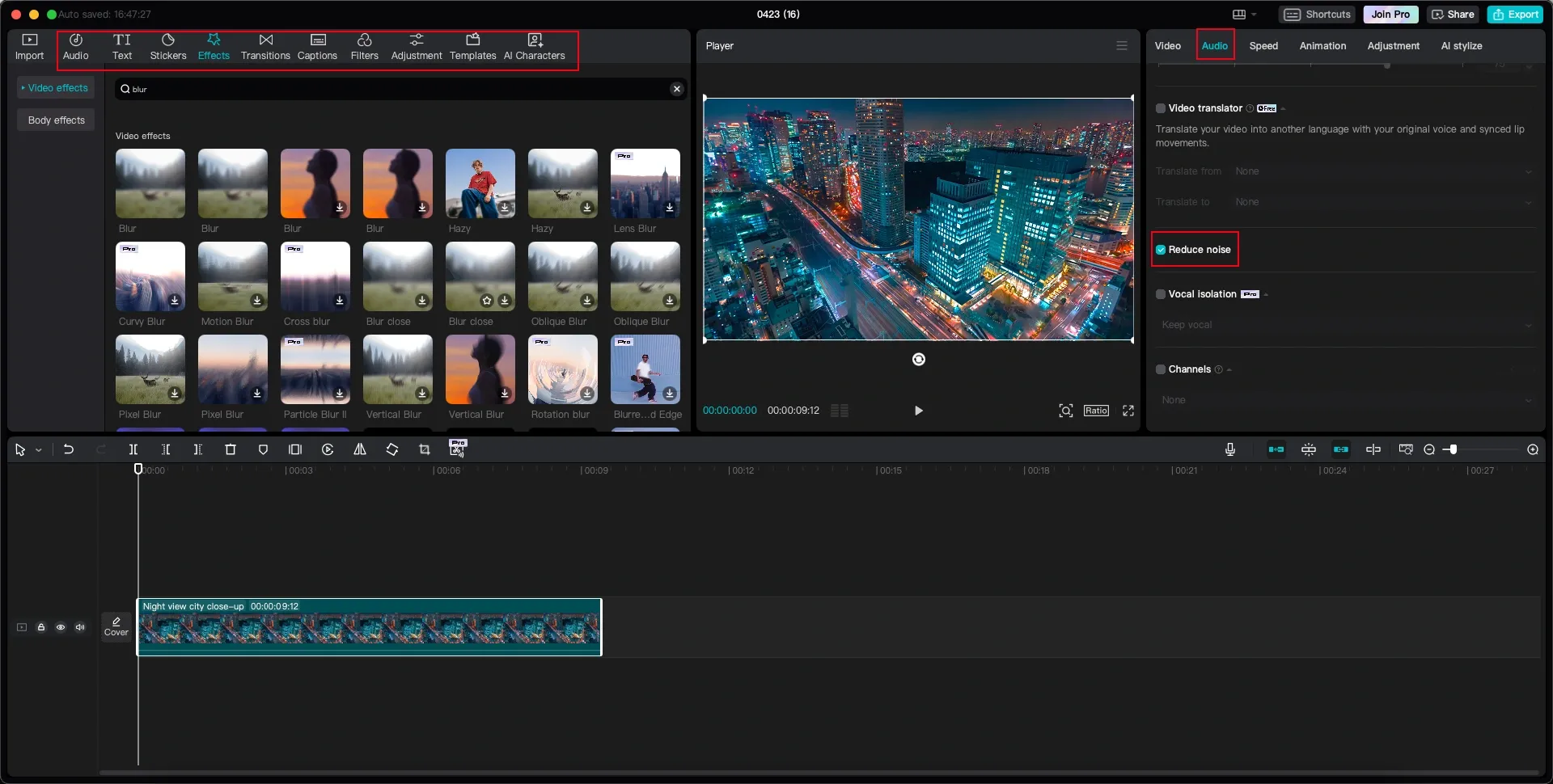 CapCut Desktop Audio panel with Reduce noise checked beside a selected video clip
