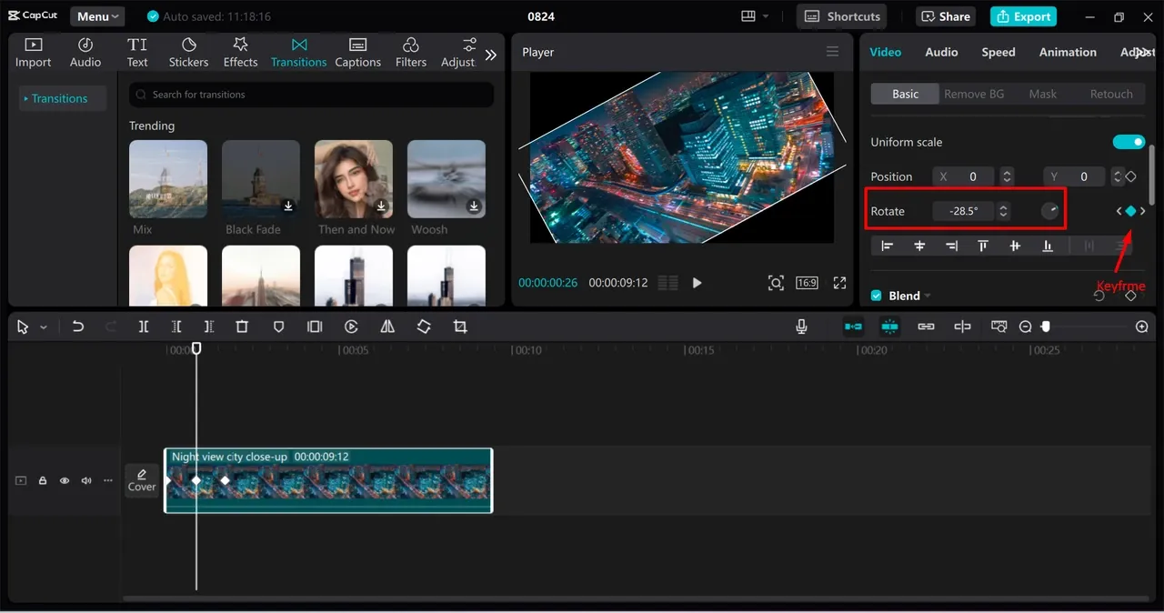 CapCut Desktop numeric Rotate field and rotation keyframe highlighted