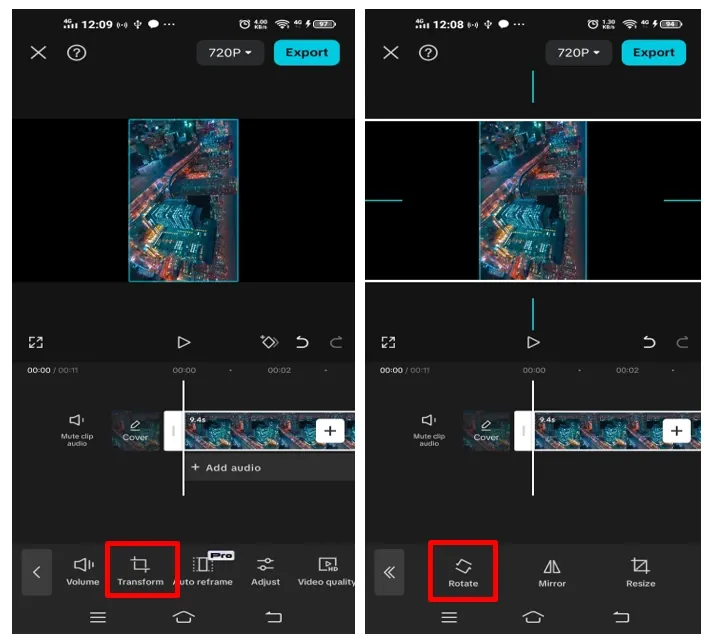 CapCut Mobile walkthrough with Transform and Rotate highlighted