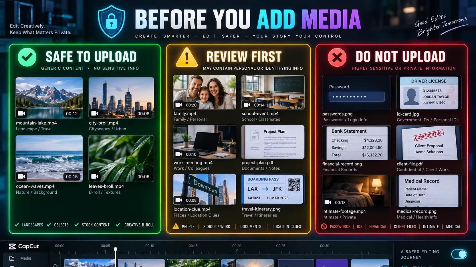 Decision matrix for media that is safe to upload, needs review or should not be uploaded