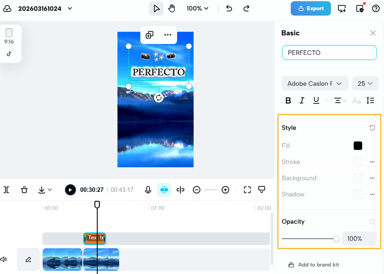 CapCut Web text layer controls for timing, visibility, color and position